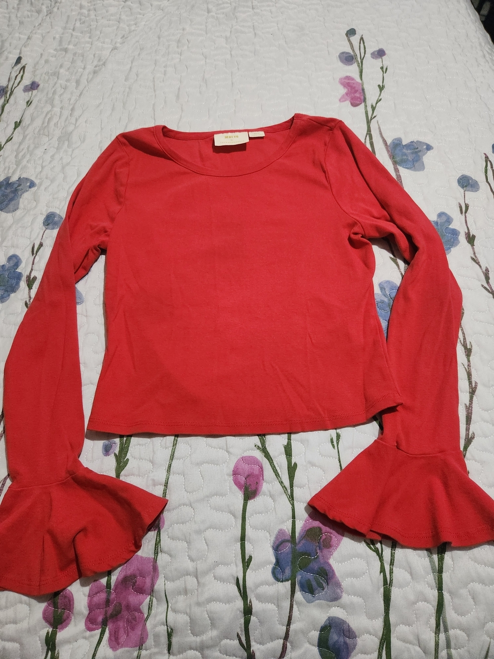 Maeve Anthropologie Red Long-Sleeve Ruffled Cuff Top